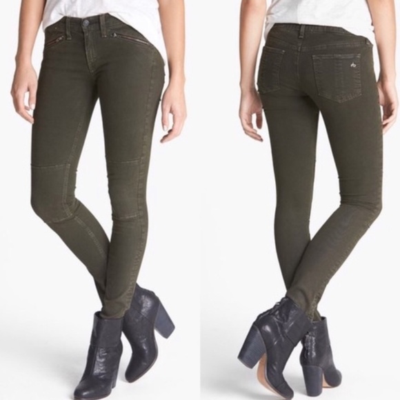 rag & bone Denim - RAG & BONE Ridley Moto Wax Dark Olive Skinny Jeans